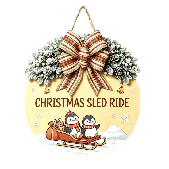 Decorative Pine Cone Sign Christmas Wooden Welcome for Front Door, Round Hanging Ornament with Solid Wood Plate Artificial Branches & Bow Decor