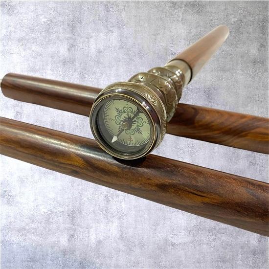 Wooden Walking Stick with Compass Handle Decorative Cane with Brass Compass Grip, Nautical Explorer Gift for Men Collectors