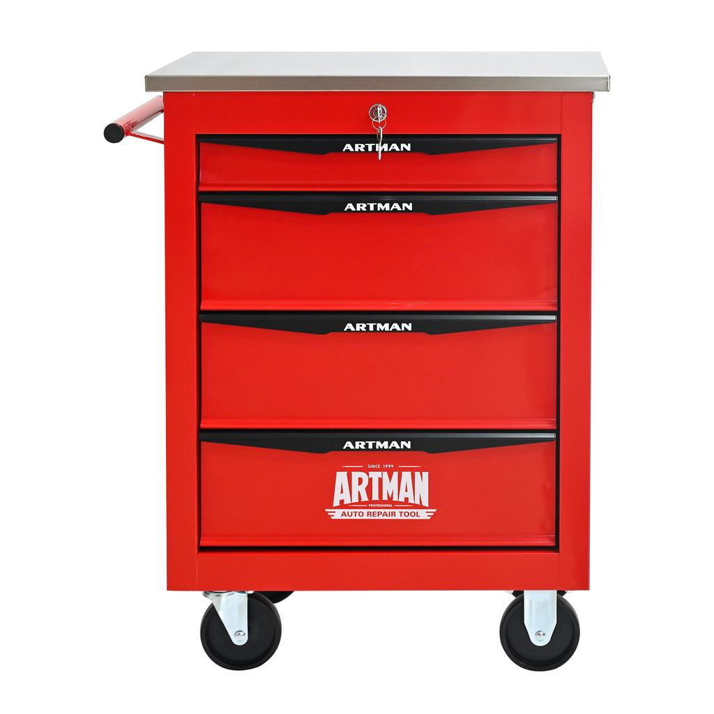 4-Drawer Multifunctional Tool Trolley with Casters, for Garage, Workshop, Warehouse and Repair Shop – with Stainless Steel Worktop – Color: Red
