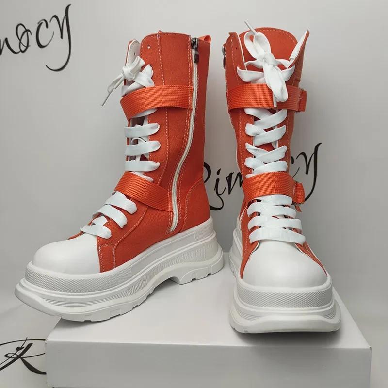 Scarpe Donna in Tela Arancione con Plateau Spesso Autunnali Stivaletti alla Caviglia Stringati Design Y2K Stivali da Motociclista da Donna