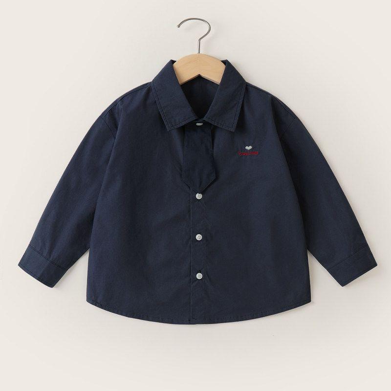 Right European Style Boys  Pure Cotton Long-Sleeve Shirt with Bow Tie, Spring and Autumn Children s Clothing, Toddler Shirt Top for Autumn Navy blue 90cm
