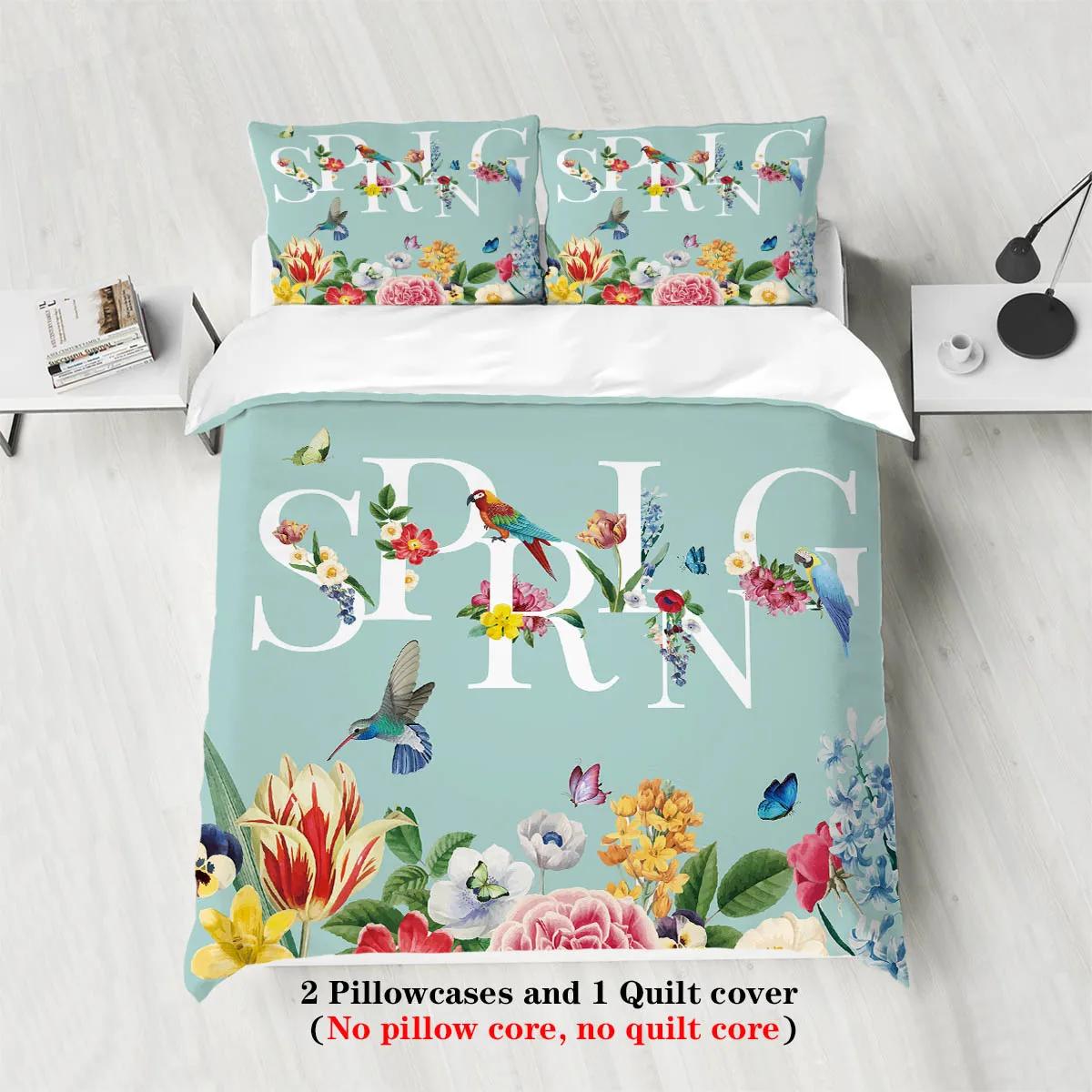 

3pcs Spring Themed Bird and Flower Printed Bedding Set,For Bedroom, Guest Room (1*Duvet Cover + 2*Pillowcase, NO Core) EU Twin(135x200cm)