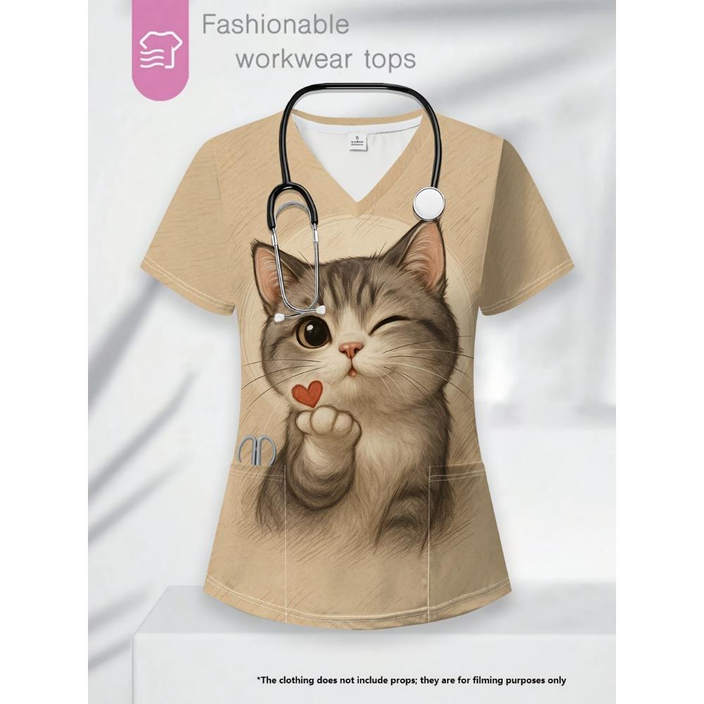 Summer Womens Fashion V-Neck Short Sleeve Uniform Pockets Tops Cute Cat Pattern Print Comfortable Vet Clinical Uniforms Woman