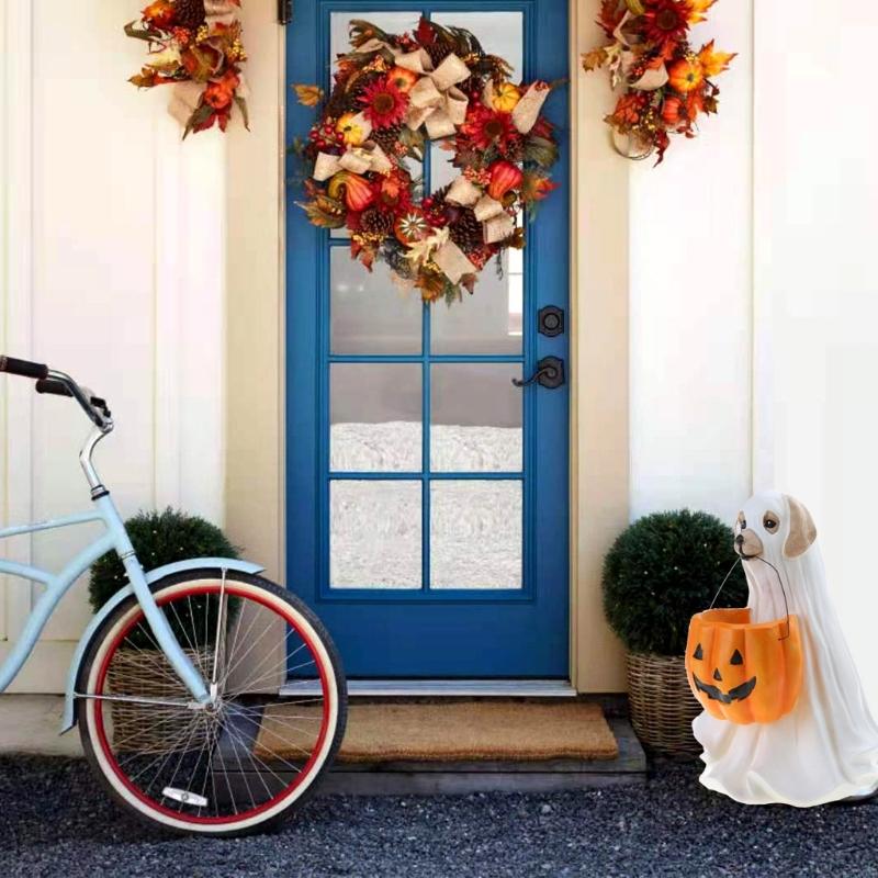 KX4B for Creative Halloween Dog for Cat Statues with Pumpkin Candy Holder Bowl Bucket Sugar Dish Resin Ornament Trick or