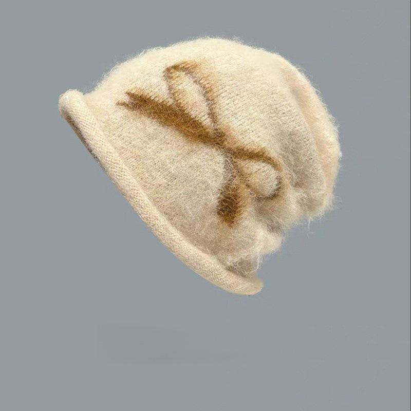 Autumn and Winter Jacquard Bow Brushed Hats for Women Warm Ear Protecting Headscarves  Cold Hats  Trendy Korean Style Knitted Hats