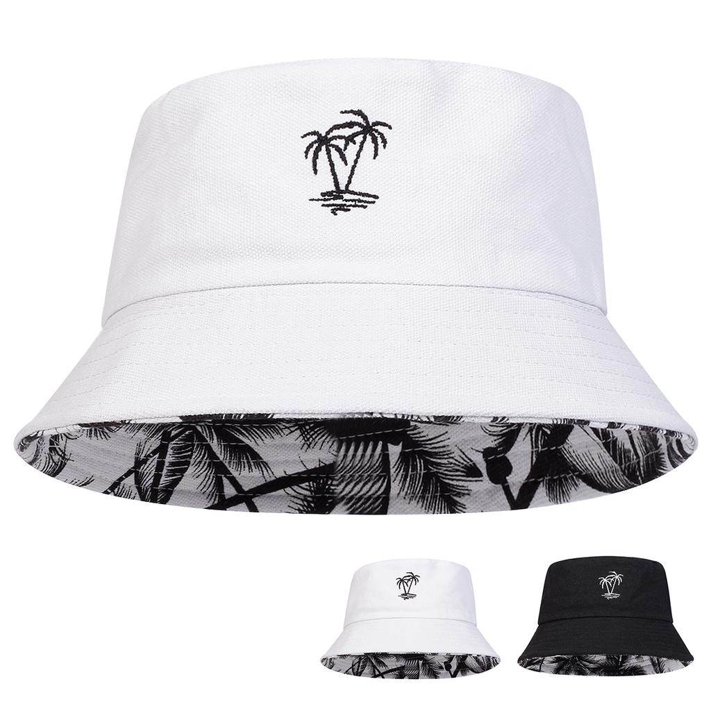 Unisex bucket hat met kokosboomborduurwerk, dubbelzijdig te dragen, visserspet, casual outdoorpet, zonnebrandcrème.