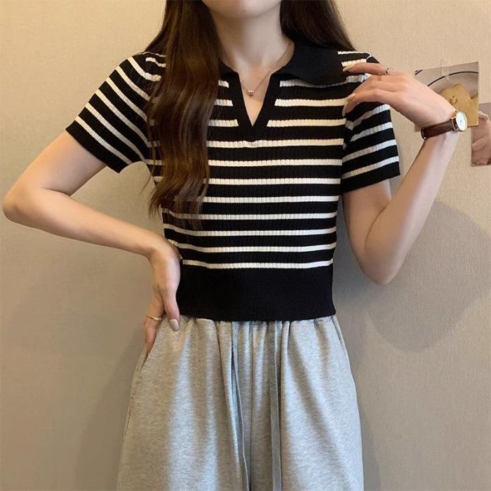 Women's 2025 Striped Ice Silk Knitted Polo Collar Short Sleeve Slim Top