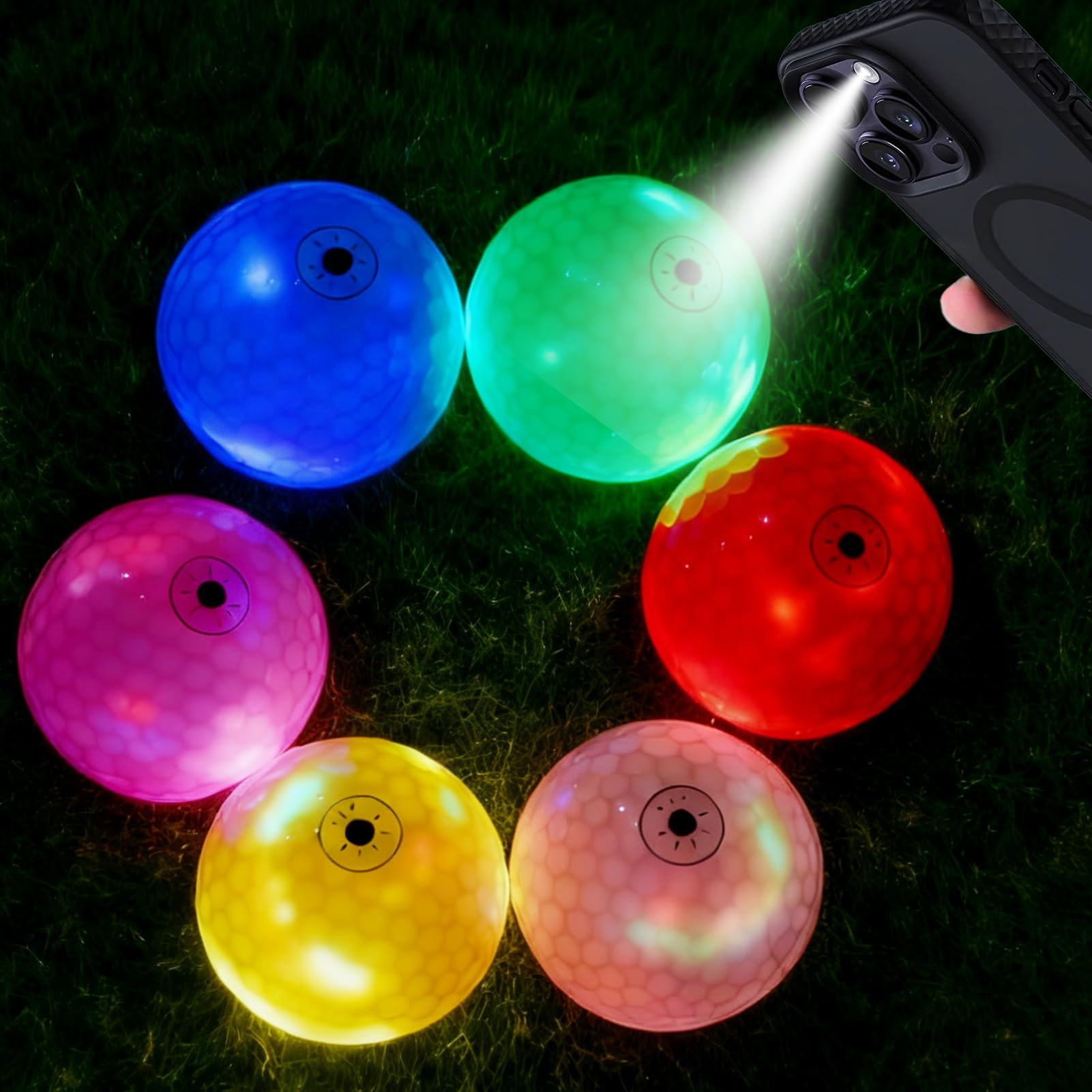 Znlaku Glow-in-the-Dark Golf Balls - Light-Controlled, Popular Prize, Night Practice Balls, Multicolor, 6 Balls