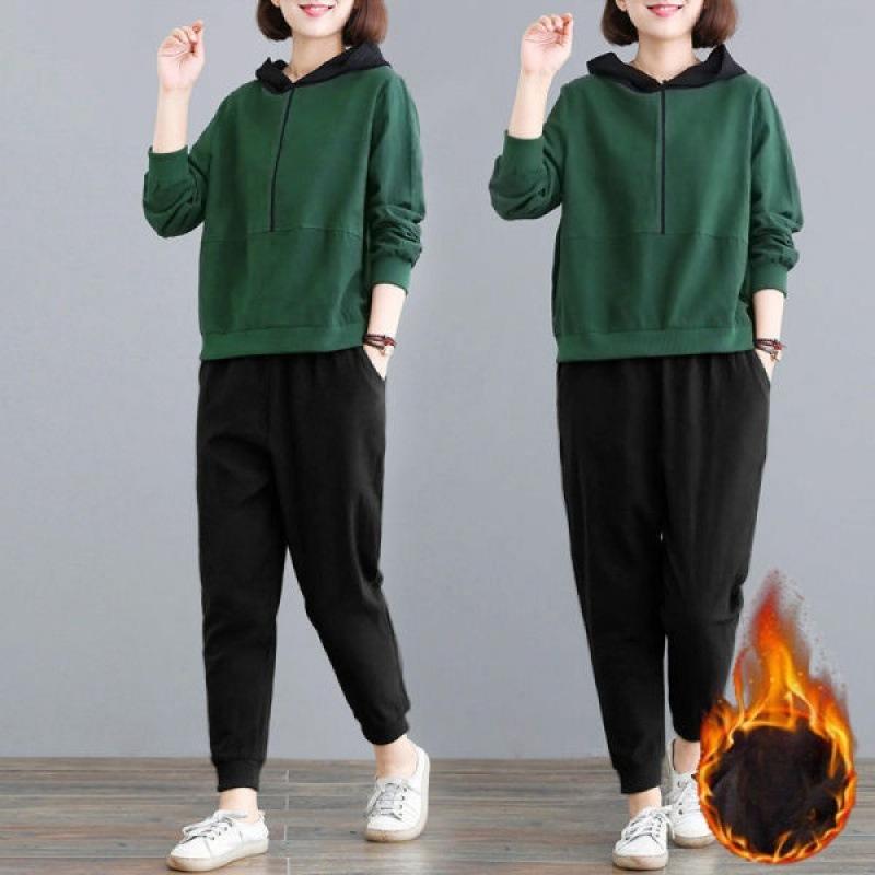 Samt Verdickt Lässig Sportbekleidung Anzug Damen Herbst und Winter Locker Mit Kapuze Locker Große Größe Sweatshirt Zweiteiliges Set