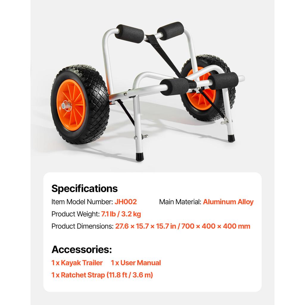 SucceBuy Kayak Cart 250lbs Capacity Foldable Kayak Trolley with 10-inch Solid Rubber Tires & 1 Ratchet Strap for Carrying Kayaks
