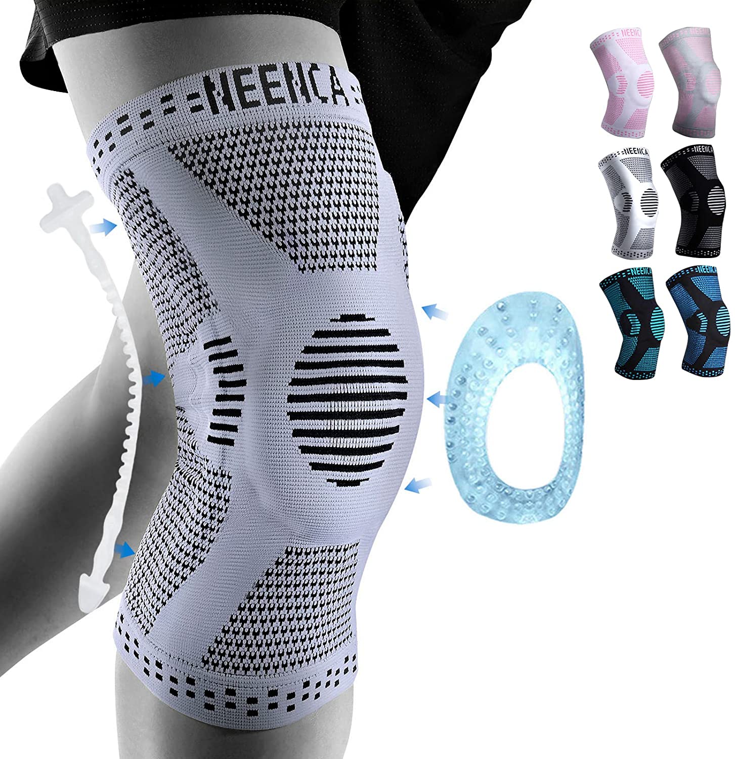 NEENCA Ginocchiera in Rame Supporto per Ginocchio con Cuscinetto in Gel Rotuleo e Stabilizzatori Laterali per Dolore al Ginocchio Sport Artrite Dolore Articolare LCA Sollievo XL colore grigio chiaro