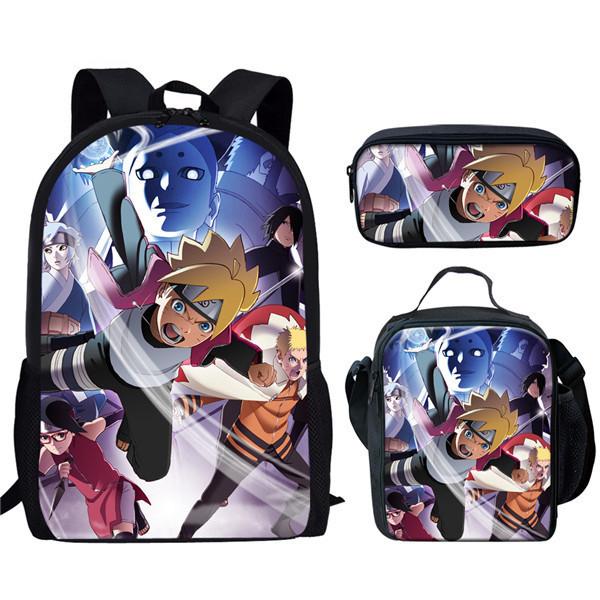 Naruto Printed Kids School Backpack Lunch Bag Pencil Case Set With Nylon Material For Children