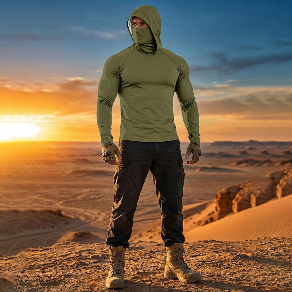 Men’s Long Sleeve Hooded Shirt with Face Cover Lightweight Breathable Athletic Pullover for Outdoor Sports Activities