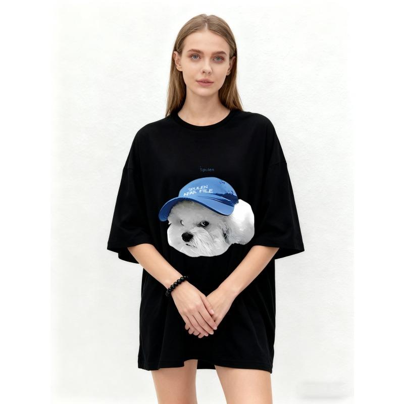 Oversized T Shirt Black Dog Wearing Blue Cap Print Casual Streetwear Style Unisex Top For Everyday Wear And Outings