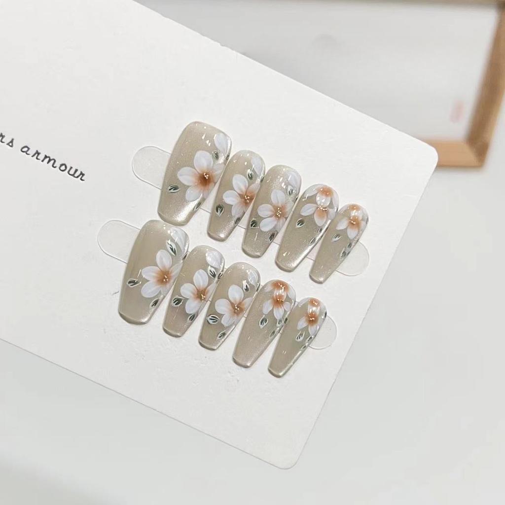 Advanced Sense Pure Hand-wearing Armor Handmade Cat Eye Nail Art Finished Camellia Detachable Fake Nail Patch Summer