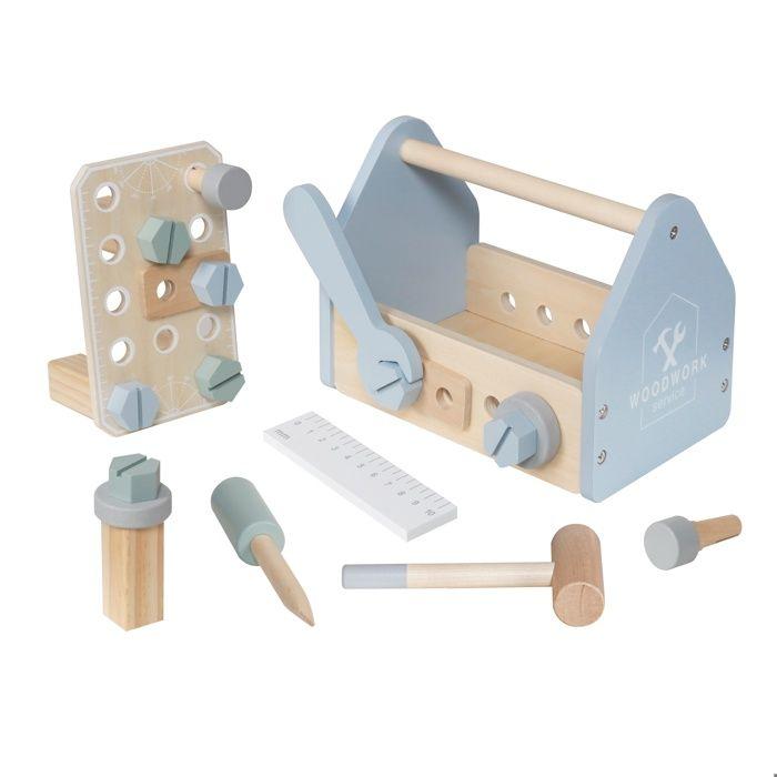 Coffret à outils enfant - GINGER HOME - Mini Atelier Enfant 22 Pièces - Bois/MDF - Bleu et bois - Portable 22x13x14 cm