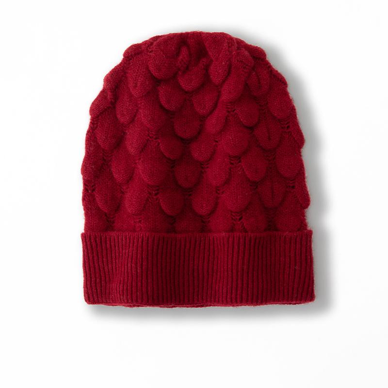 

Women 100% Pure Cashmere Beanie Hat Textured Pattern Knit Winter Warm Soft Slouchy Skullies Cap Cold Weather Accessory червоний