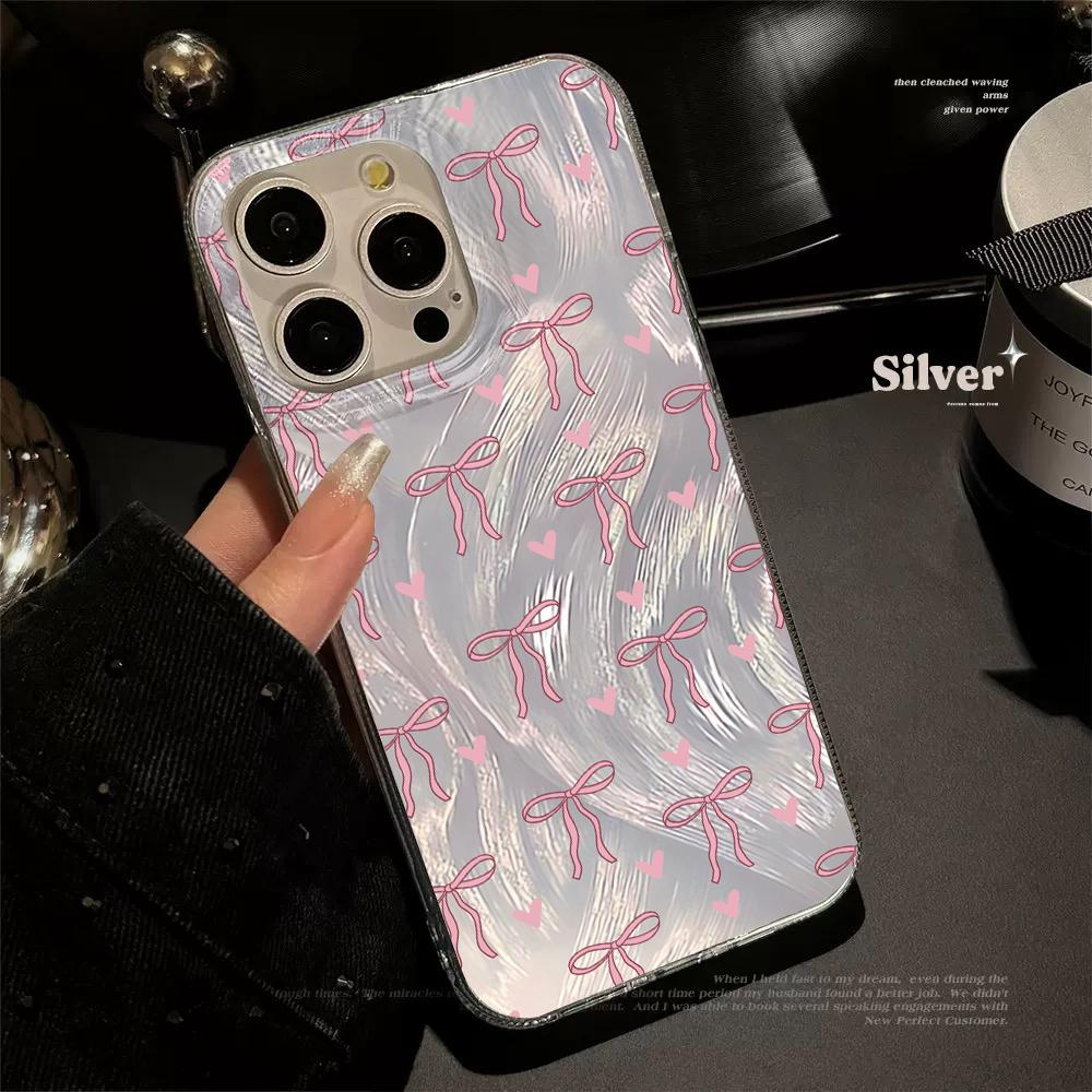 Pouzdro na telefon s mašlí v dívčím stylu Láska Pro iPhone 17 Pro 15 16 14 13 12 11 Pro Max 17e 16e 8 7 Plus XR XS X Stříbrné Měkké Kryt proti pádu
