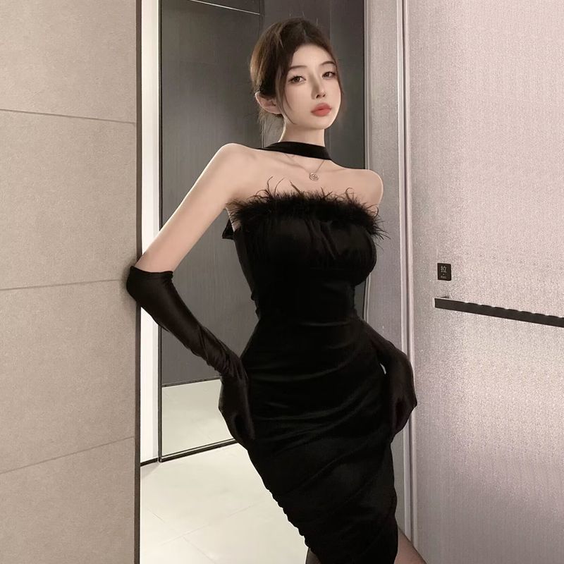 Annual meeting black evening dress women's new temperament advanced sense sexy word shoulder tube top neck dress