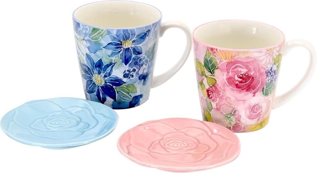 Ceramic Indigo Flower Matching Pair of Mugs, Rose/Clematis, with Small Plates, 02594