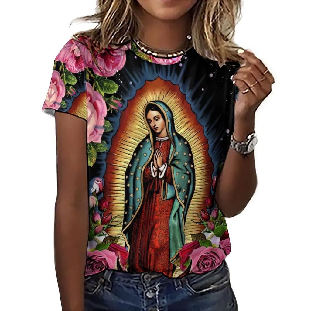 Mode Notre-Dame de Guadalupe Vierge Marie Imprimé T-shirts pour femmes Manches Courtes Col Rond Vêtements pour Hommes Confort Y2k Vêtements pour Femmes