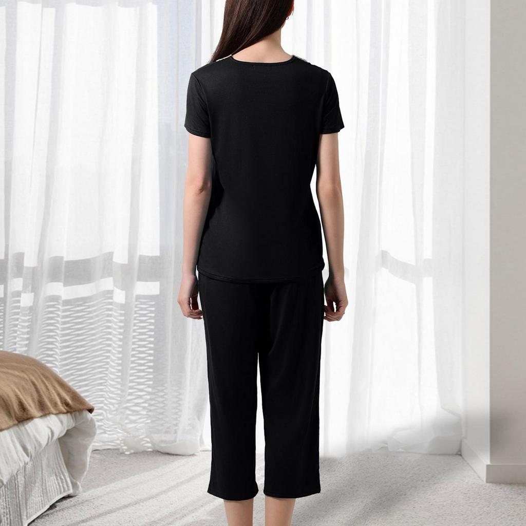 Women's Fashionable V-neck Casual Short-sleeved Loungewear Lace Pajamas Loose, Comfortable, Breathable Plus Size Color Top