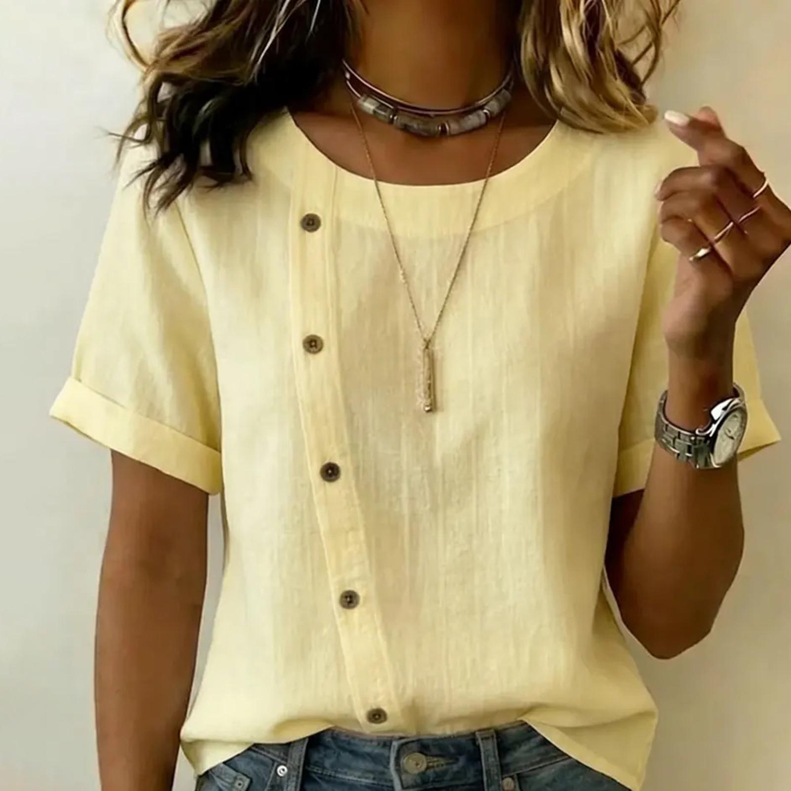 

Women s Fashionable And Casual Button Decoration Cotton And Linen Short Sleeved Top XL жовтий