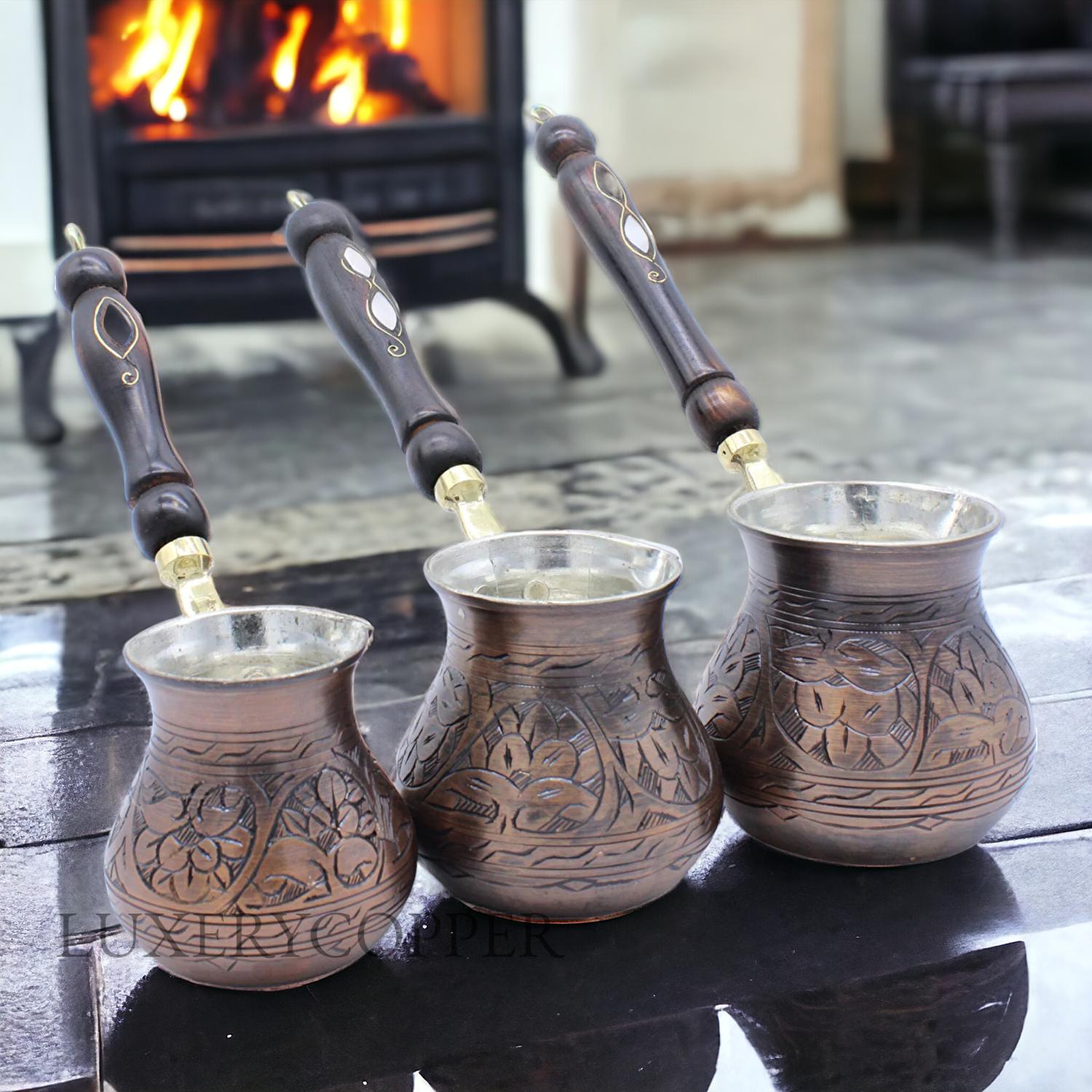 

Антикварный медный кофейник ручной работы с цветами, цвет оксида меди, медный набор из 3 кофейников