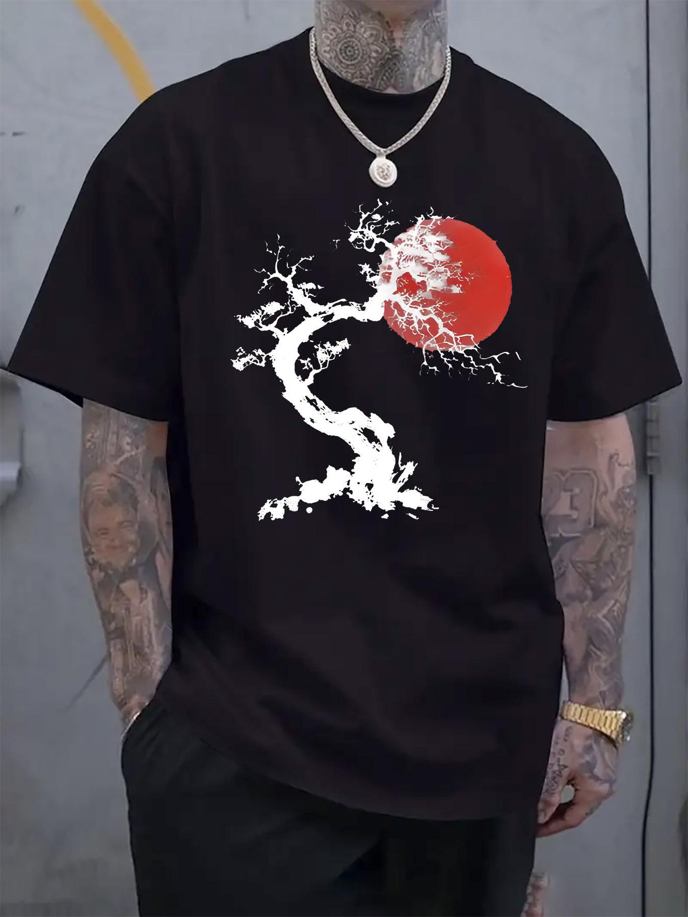 

Black Short-Sleeve Crewneck T-shirt with Japanese Red Sun and Dead Tree Print – Stylish Casual Summer Tee for Casual Attire S
