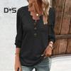 Women Spring Fall Top Hollow Out Lace Button Decor V Neck Soft Breathable Pullover Patchwork Long Sleeve Mid Length Lady T Shirt