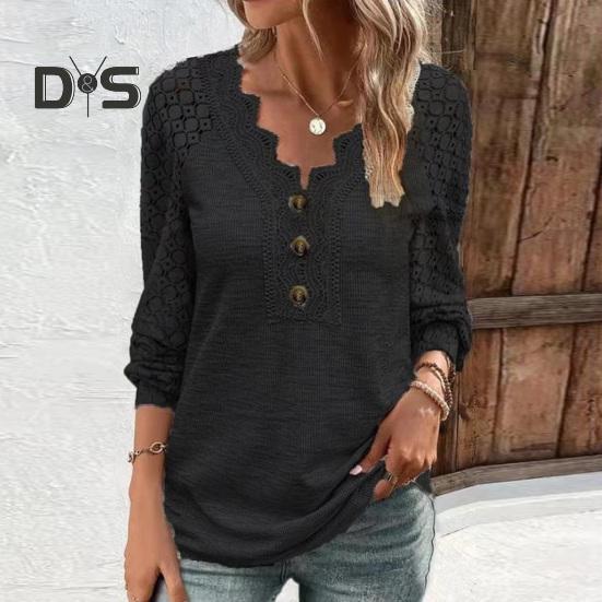 Women Spring Fall Top Hollow Out Lace Button Decor V Neck Soft Breathable Pullover Patchwork Long Sleeve Mid Length Lady T Shirt