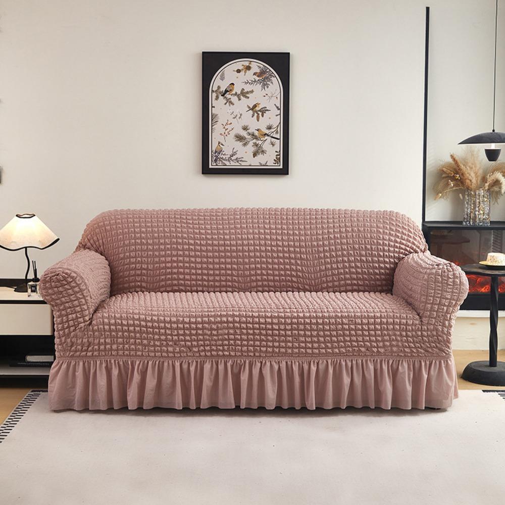 Premium Thick Bubble Gauze Sofa Cover Full Elastic Lace Trim Skirt Design All Season Stretchable