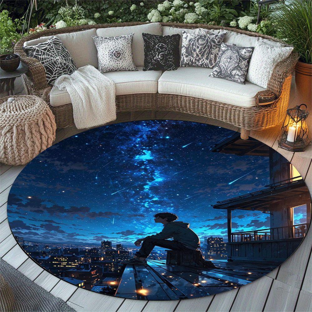 Round Cosmic Anime Pattern Flannel Rug Printed Design Modern Art Decor Soft Anti Slip Carpet For Living Room And Meditation Area