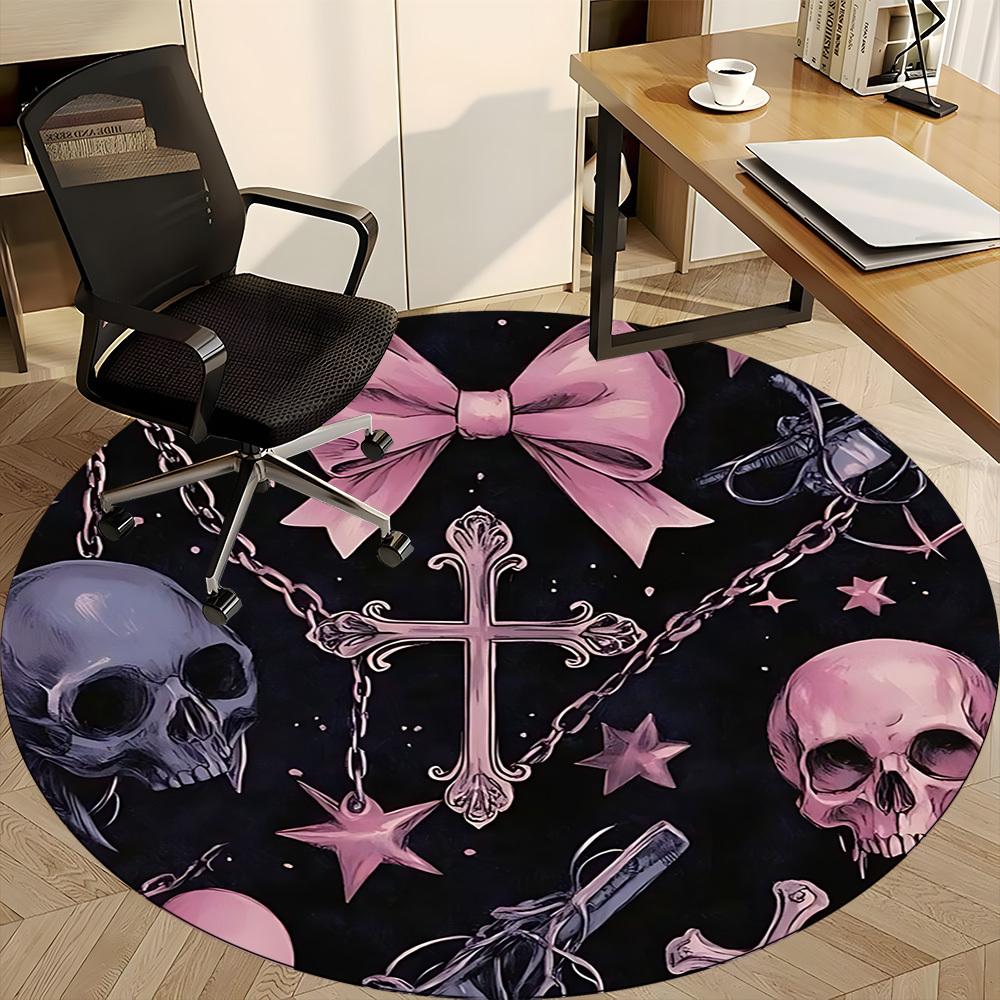 1pc Bow Gothic Skulls Office Round Area Rug, Indoor Mat Suitable ForOffice, Under Office Chairs Bedroom Living Room Home Decor, Room Deco, n60