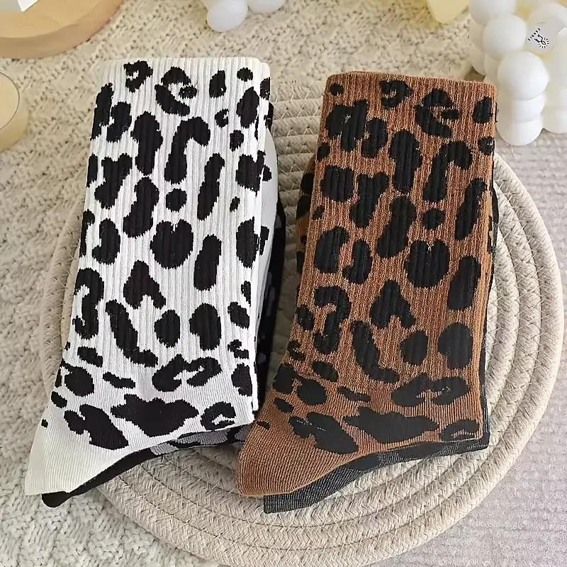 6 Pairs Women Leopard Print Mid Length Socks Fashionable Printing Comfortable Sweat Wicking Breathable Casual Mid Length Socks