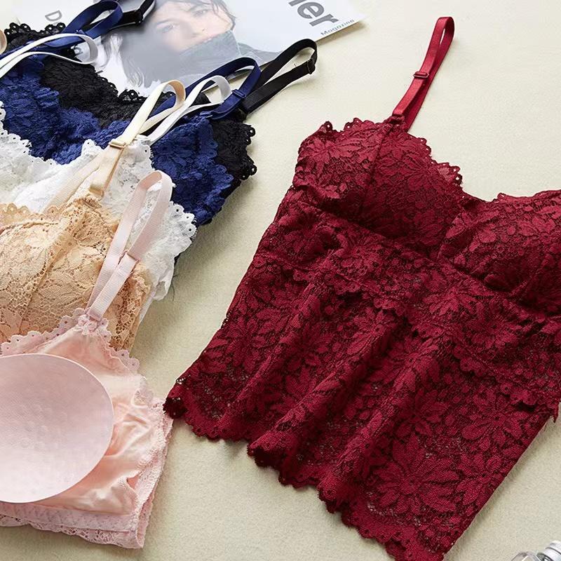 Lace Bra Tops Floral Lace Bralette Women Tanks Sexy Lingerie Non-wire Underwear Adjust Straps Camisoles Removable Pads Lingerie
