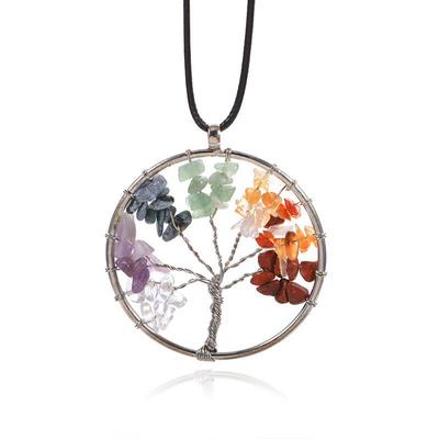 Colorful Natural Stone Tree of Life Pendant Necklace with Leather Rope