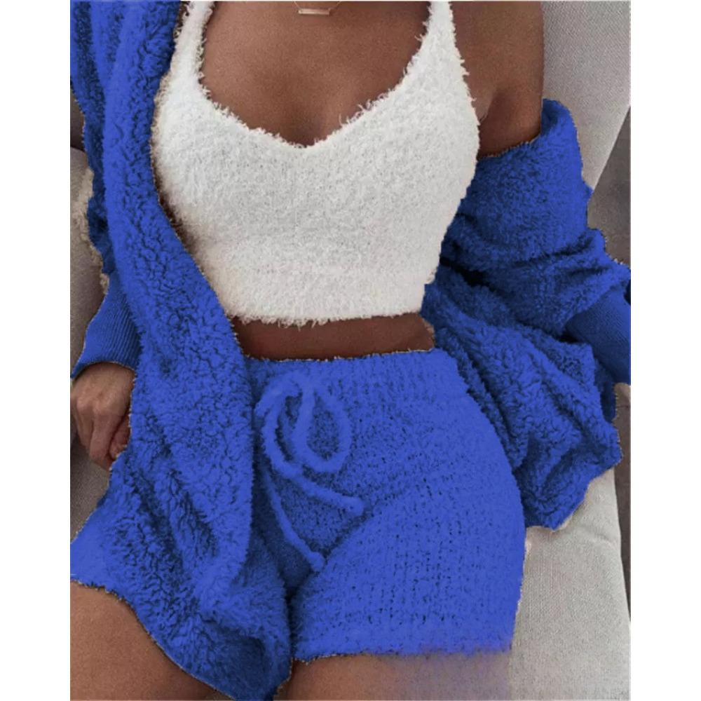 Women's Loose Fit Three Piece Loungewear Long Sleeve Fuzzy Cardigan V Neck Tank Drawstring Waist Shorts Winter Solid Tracksuit
