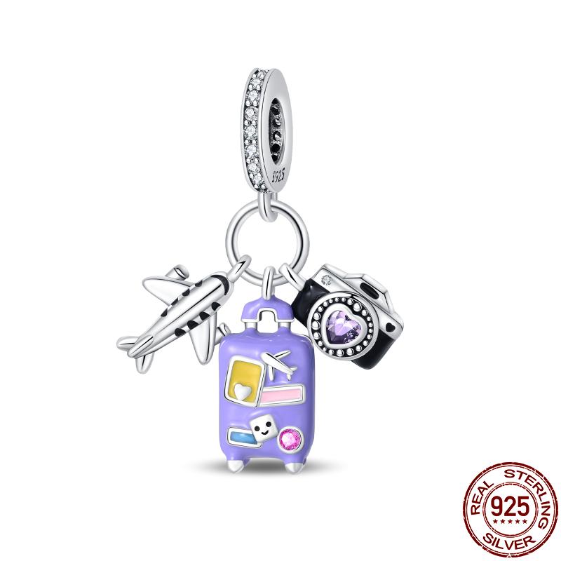 Copper Travel Series-Beach Ocean Suitcase Charms Fit Original 3Mm Pan Bracelet For Women Birthday Fine Jewelry Gift