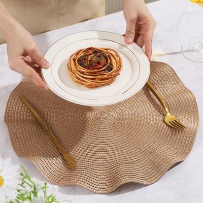 6Pcs/Set Round Placemat Set Weave Design Washable Non-slip Dining Mat Corrugated Edge Heat-resistant Table Mat