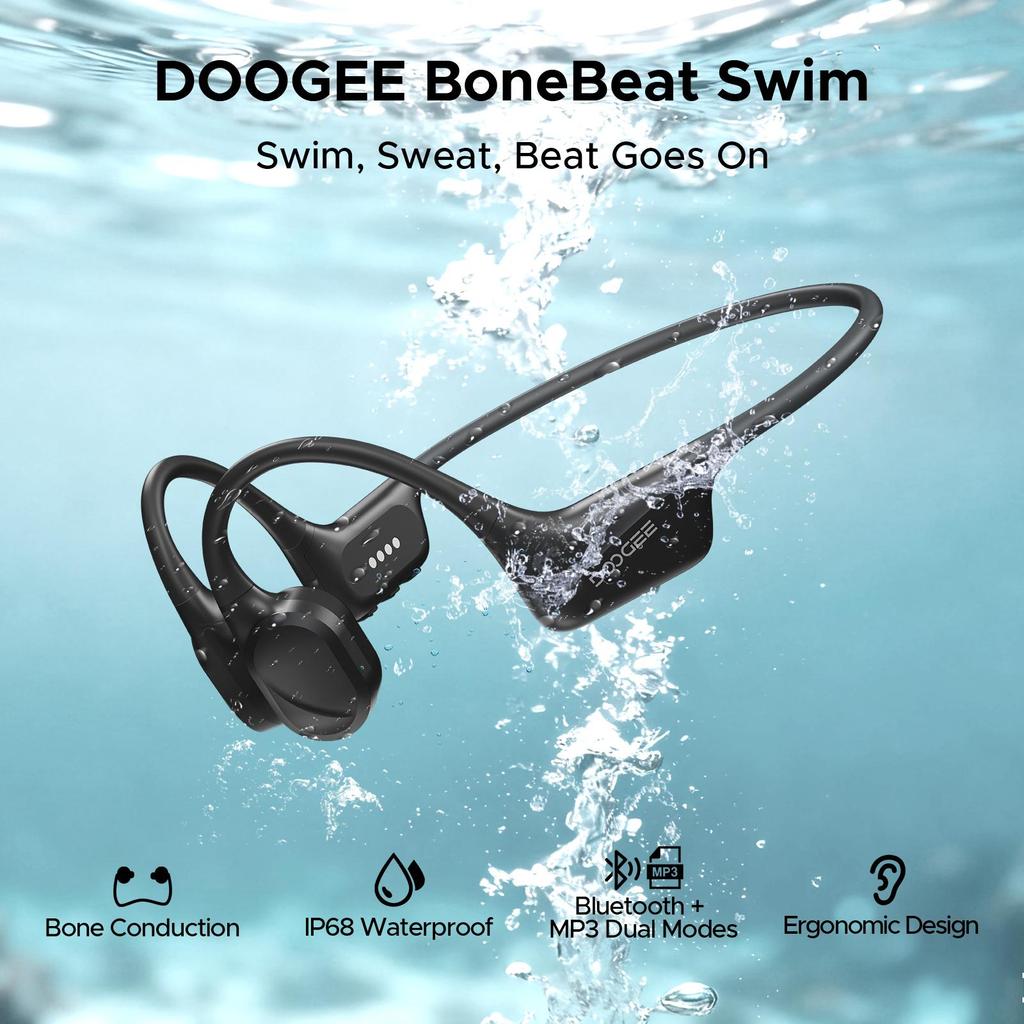 Doogee Auriculares de Conducción Ósea, Impermeables IP68, 7H de Duración de Batería, Auriculares Deportivos de Doble Modo para Nadar, Correr, Ciclismo