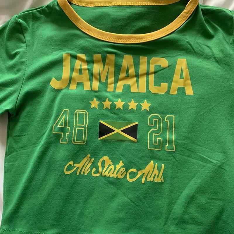 European and American Summer Contrasting Round Neck Printed Crop Top with Exposed Navel