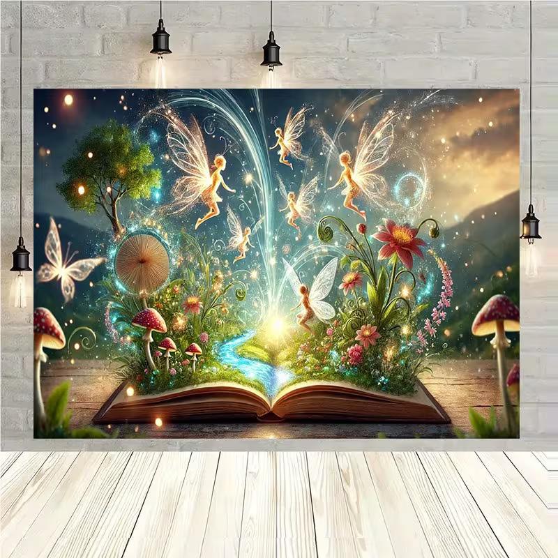 2D Verzauberter Märchenbuch-Hintergrund mit Feen & Schmetterlingen Party Fotoautomaten-Hintergrund