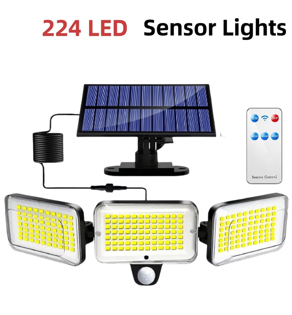 1/2/4PC Solar Lights Outdoor with 224 LED Motion Sensor Light Remote 3 Mode Waterproof 3 Head Solar Flood Lights for Yard Garden