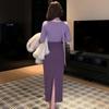 Purple Polka Dot V-Neck Two-Piece Long Dress with Cinched Waist and Slim Fit