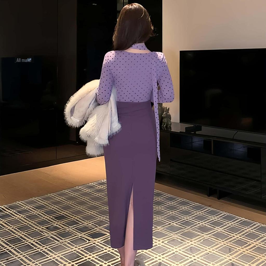 Purple Polka Dot V-Neck Two-Piece Long Dress with Cinched Waist and Slim Fit