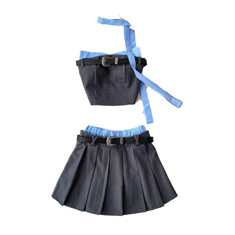 Western Style Sexy Contrast Ribbon Chest Pad Tube Top Vest Design Ribbon Top + High Waist Pleated Two piece skirt