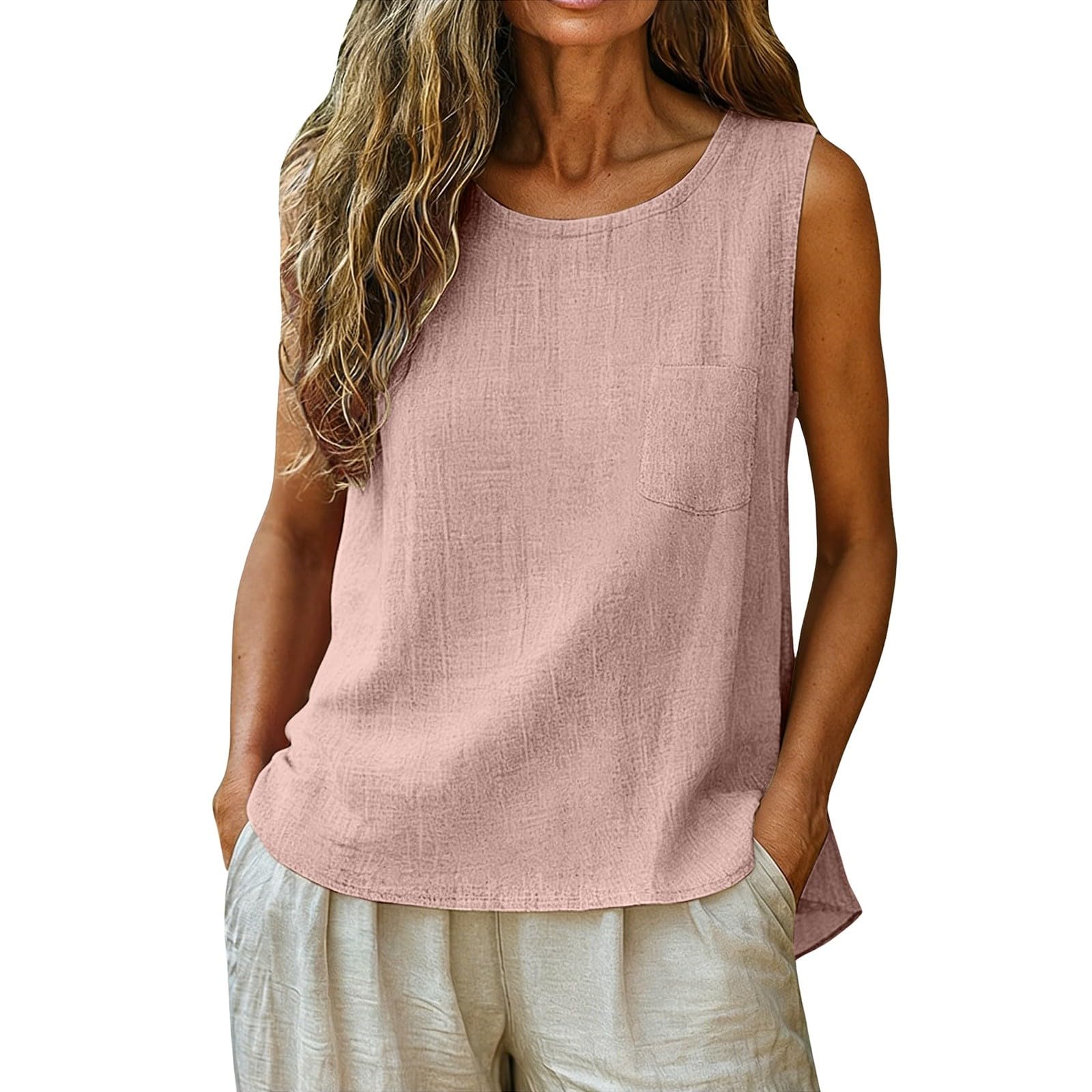 Women s Fashionable Casual Round-Neck Sleeveless Top: Plain-Coloured Cotton-Linen T-Shirt With Pockets XXL