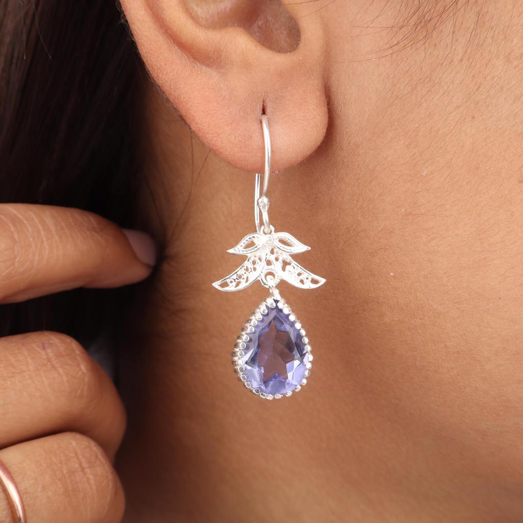 Iolite Gemstone Silver Earrings 925 Sterling Silver Handcrafted Jewelry For Women CE-27-8