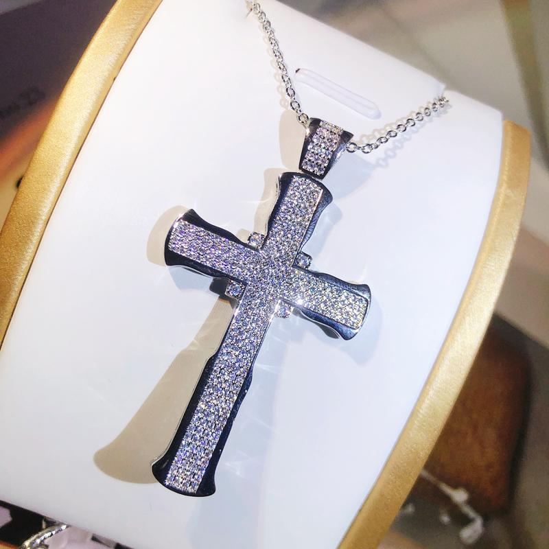 Unique Luxury Jewelry 925 Sterling Silver Cross Pendant Lucky Princess AAAAA+ Cubic Zirconia CZ Party Women Wedding Necklace